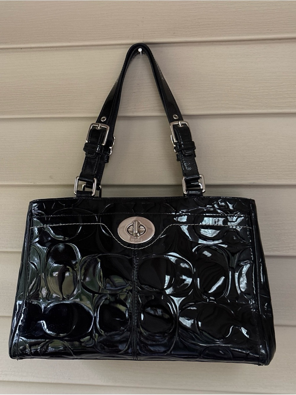 Coach Signature Black Patent Leather Shoulder Bag with Silver Turnlock 14413